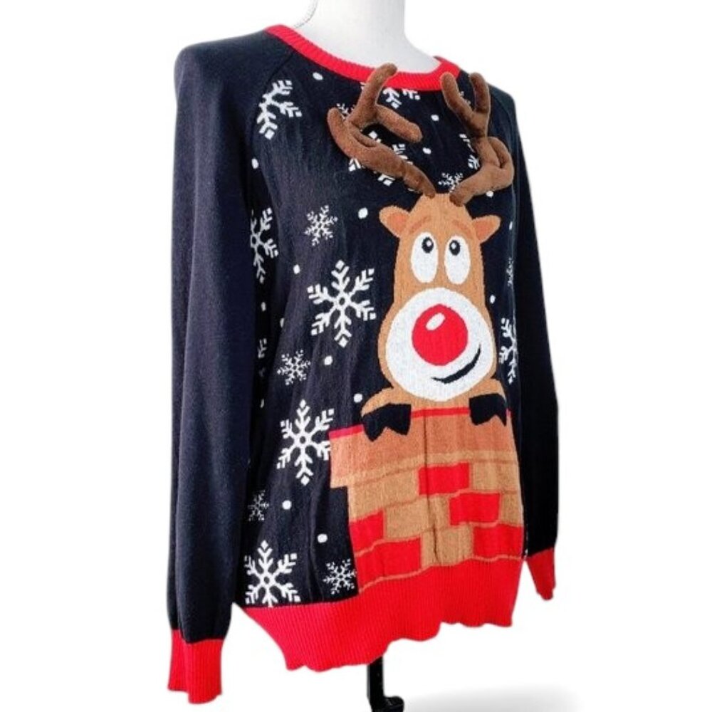 Well Worn 3D Antler Ugly Christmas Sweater Rudolph Chimney‎ Holiday Party L